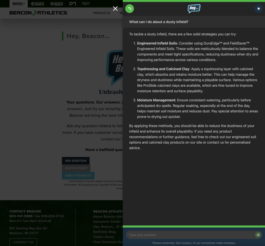 Screenshot of the Beacon Athletics 'Hey Beacon' JustAsk WP chatbot.
